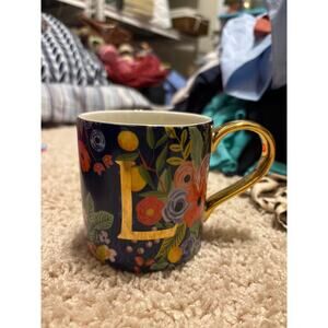 Rifle Paper Co. Anthropologie initial L mug floral NWOT blue gold monogram